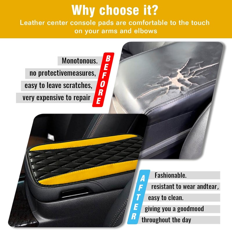 Couslcd Auto Center Console Pad, Universal Waterproof Armrest Seat Box Cover, Car Interior Accessories, Leather Auto Armrest Cover Protector for Most Vehicle, SUV, Truck (Yellow) - Image 3